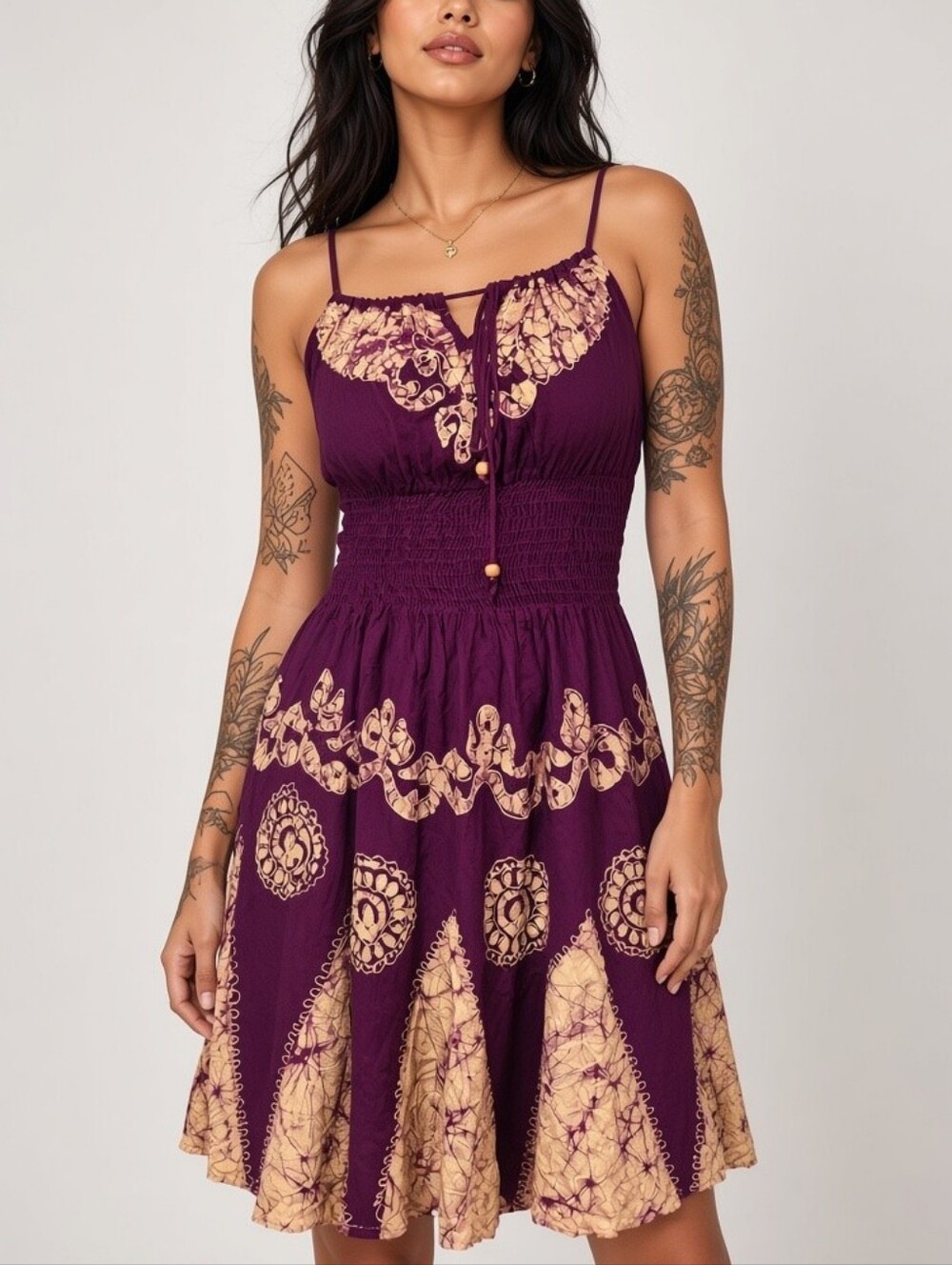 Boho Embroidered Midi Dress – Deep Wine Red – Size M